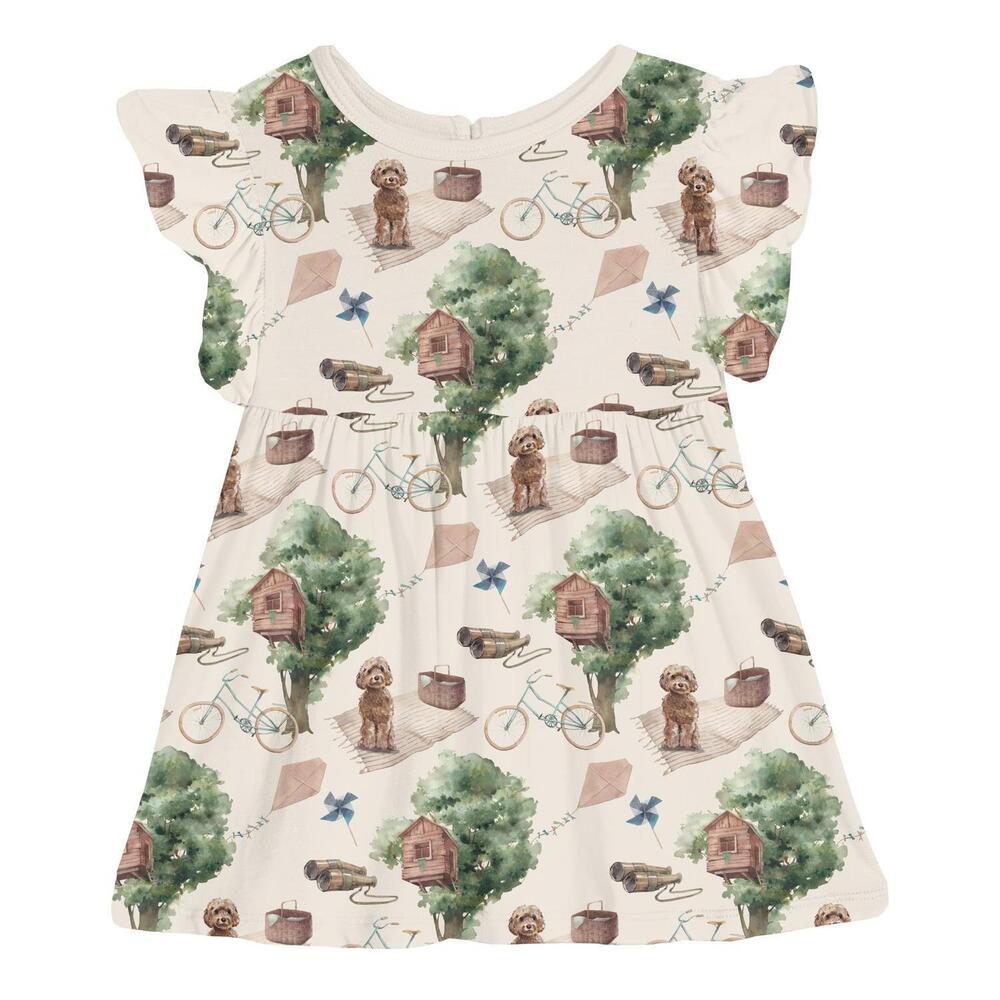 NEW KICKEE kid's short sleeve lola swing dress in natural tree house